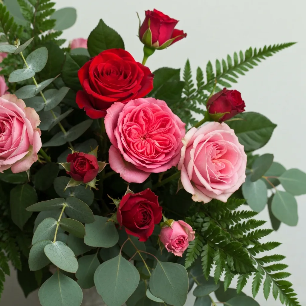 Elegant floral arrangement featuring roses and greenery